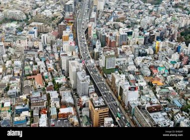 Aerial view of highway and urban sprawl, Tokyo, Japan. Stock Photo