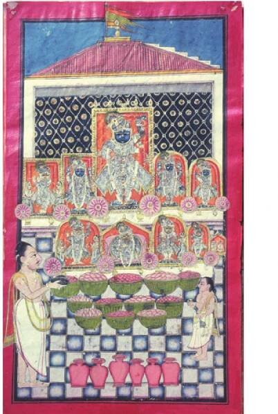18 Shringar of Shri Nathji and sapta-svarupas during the annakut- festival (mountain of food), folio 18 recto, Government Museum, Kota, Rajasthan/India, dated 1805. Photo: author. 