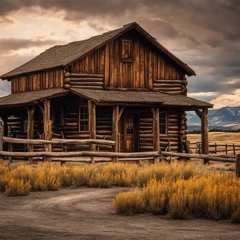 An image capturing the essence of the Western genre's authenticity by portraying the rugged beauty of Yellowstone's ranch, adorned with weathered wooden structures, vast open spaces, and a cowboy hat hanging on a weathered post