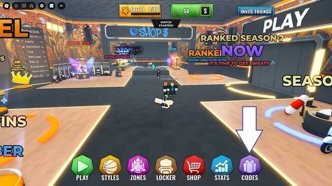 A screenshot of Basketball Zero in Roblox showing the game's codes button.