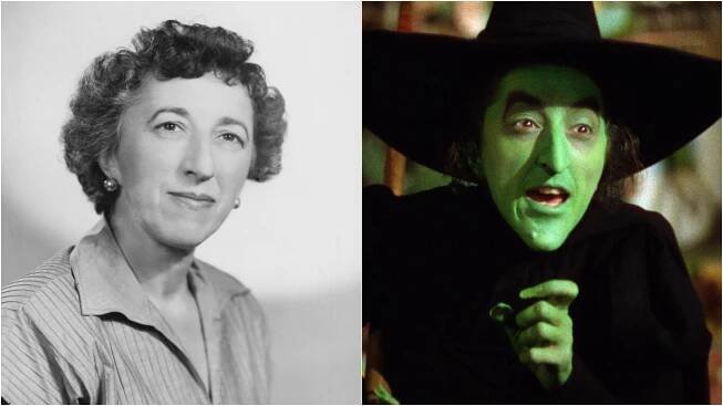 Margaret Hamilton with and without her Wicked Witch makeup.