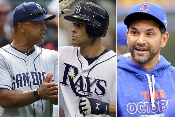 Cubs bench coach Dave Martinez (right) joins front-runners Dave Roberts (left) and Gabe Kapler (center) as candidates to become the Dodgers' next manager.