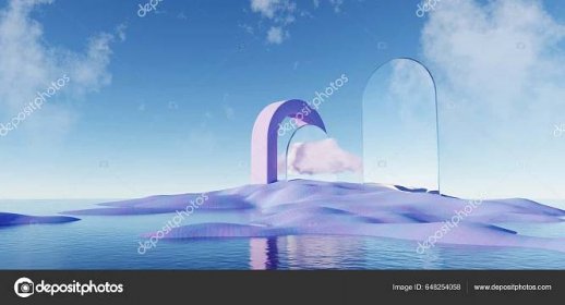 Stáhnout - 3d render Surreal pastel landscape background with geometric shapes, abstract fantastic desert dune in seasoning landscape with arches, panoramic, futuristic scene with copy space, blue sky and cloudy — Stock obrázek