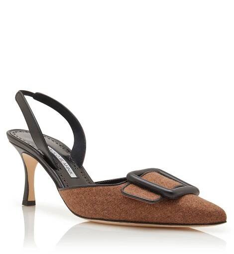 Designer Brown and Black Wool Buckle Detail Slingback Pumps - Image Upsell View