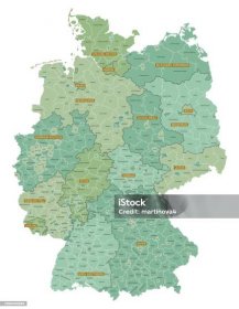 Podrobná mapa spolkových zemí Německa s administrativním rozdělením na země a regiony země, vektorová ilustrace na bílém pozadí - Bez autorských poplatků Německo - Střední Evropa vektorové obrázky