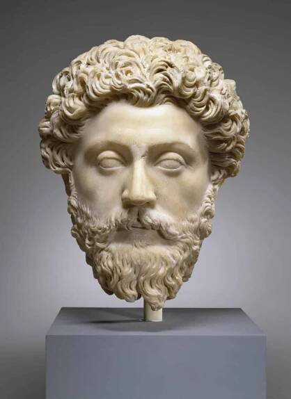 Marble bust of Emperor Marcus Aurelius with detailed curly hair and a contemplative expression, set against a neutral background.