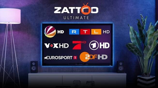 Zattoo-Ultimate-Schriftzug, Fernseher mit Logos von TV-Sendern