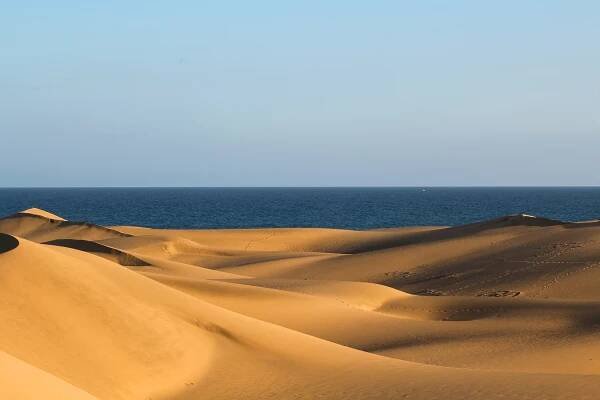 dlouhé stíny na kaskádových písečných dunách v poušti s výhledem na oceán / moře při západu slunce (dunas de maspalomas, gran canaria, španělsko, evropa) - maspalomas - stock snímky, obrázky a fotky