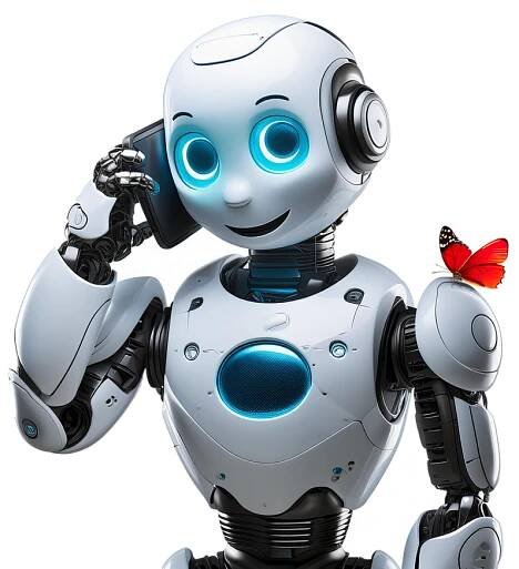 A friendly smiling robot with a red Simmat butterfly perched on its shoulder invites you to contact us