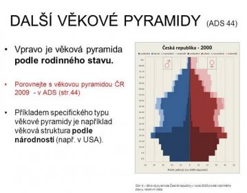 Vpravo je věková pyramida podle rodinného stavu. Porovnejte s věkovou pyramidou ČR v ADS (str.44) Příkladem specifického typu věkové pyramidy je například věková struktura podle národností (např. v USA). Obr.4 - věková pyramida České republiky v roce 2000 podle rodinného stavu, relativní data.