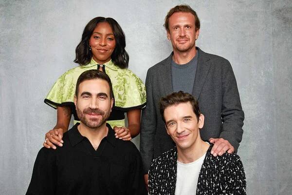 Jessica Williams, Jason Segel, Brett Goldstein, and Michael Urie from 'Shrinking' are photographed for TV Guide/TVInsider.com on October 17, 2024 at New York Comic-Con 