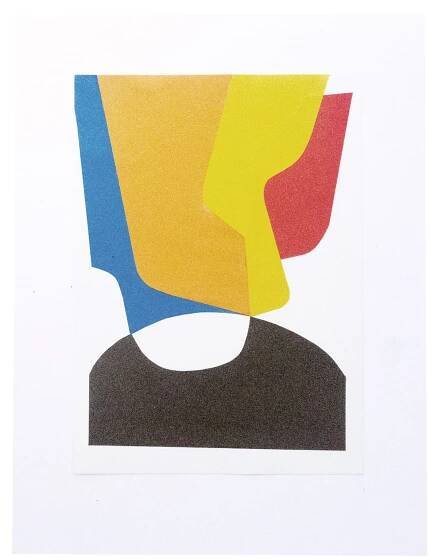 Abstract geometric portrait by Fritz Pechmann with overlapping blocks of yellow, blue, red, and black, suggesting a stylized human profile.