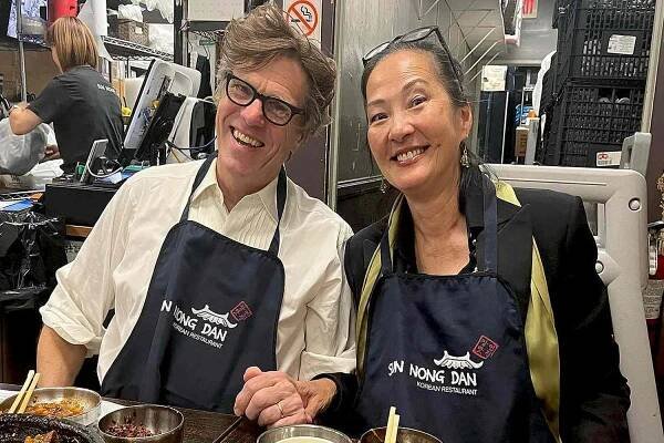 Rosalind Chao and Simon Templemen pose for a photo together in May 2023.