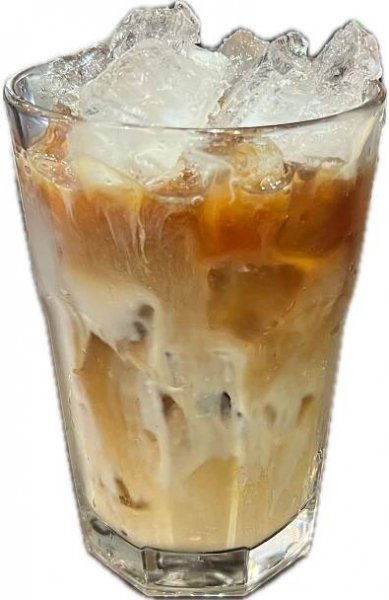 A glass of iced coffee with ice cubes on a white background.