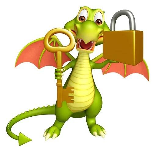 Drak kreslená postava s&nbsp;klíčem a&nbsp;zámek