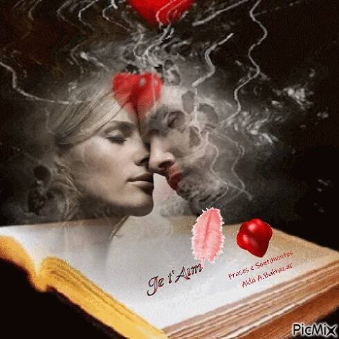two people are kissing in front of an open book with red hearts floating out of it