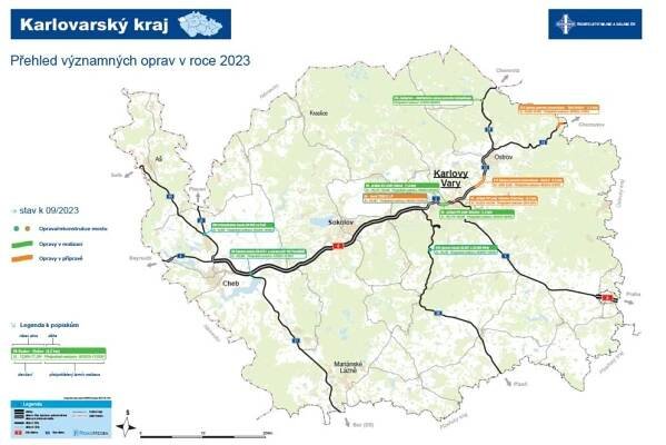 Mapa významných oprav silnic v Karlovarském kraji
