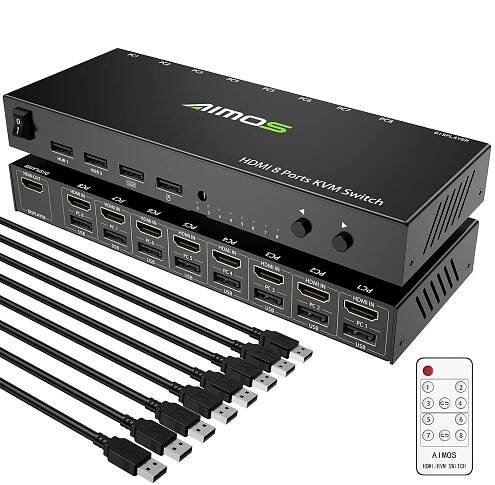 AIMOS HDMI KVM Switch, 8 In 1 Out přepínač Aktie Monitor myš klávesnice HDMI Switcher 4K @ 30Hz pro laptop, PC, PS4, Xbox, Hotkey nepodporuje, lze spojit s HUB