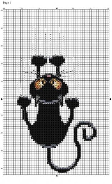 a cross stitch pattern with a black cat on it's back and yellow eyes