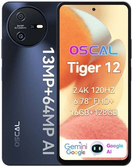 Blackview OSCAL Tiger 12 Android mobilní telefon bez smlouvy, 6,78" smartphone 8GB+128GB (rozšiřitelný), 64MP fotoaparát/5000 mAh/4G dual SIM/otisk prstu, šedý