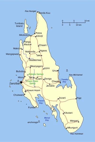 Schématická mapa Zanzibaru
