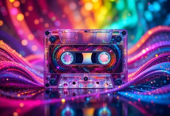 Bezplatný obrázek: Hudební kazeta s barevnými světly, zářivá ilustrace ve stylu disco-popové hudby 80. let