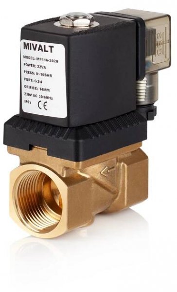 MP 116-2020A 230VAC 2/2 elektromagnetický ventil, G3/4", mosaz, 0.2-10Bar, DN14, NC, 14 VA