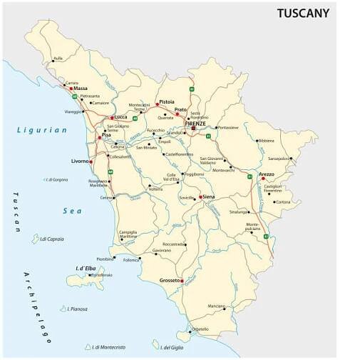 Silniční vektorová mapa italského regionu Toskánsko — Ilustrace