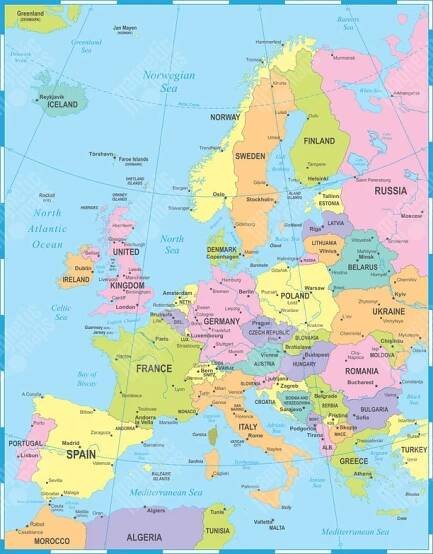 Magnetická mapa Evropy, politická, barevná