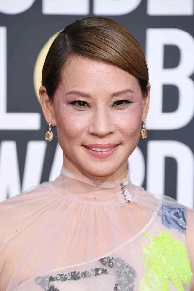 Lucy Liu with a soft chestnut-colored updo