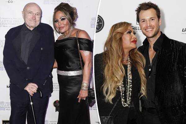 A composite image of Phil Collins with his former wife Orianne Cevey, alongside a picture of her with her last husband, Thomas Bates