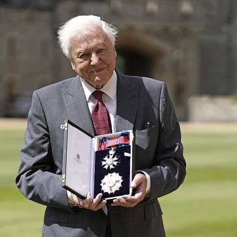Sir David Attenborough beams as he collects high honour from Prince of Wales