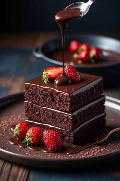 a piece of chocolate cake with strawberries on top and drizzled with chocolate