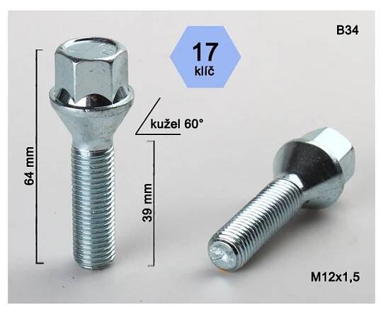 Kolový šroub M12x1,5x39 kužel, klíč 17, C17A39/B34 výška 64 mm - SHELLERS