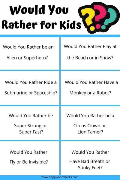 Would You Rather Questions for Kids Free printable PDF. Fun party games for kids to play on Zoom, Classroom parties, birthday parties, road trips, school brain breaks, holiday parties and virtual parties. Funny questions that will have kids, parents and teachers laughing and having a great time together. #wouldyourather #kidsgames #gamesforkids #partygames #schoolgames #holidaypartygames #classroomgames #virtualgames #zoomgame