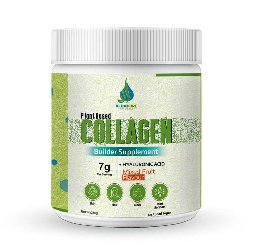 Plant Based Skin Collagen Builder Supplement | Mixed Fruit, 210g| Skin Collagen Booster for Men & Women with Hyaluronic Acid, Biotion, Vitamin E & C | Healthy Skin, Joints, Hairs & Nails VedapureNaturals