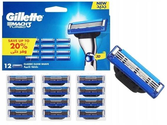 ORIGINÁLNÍ ČEPELE NÁHRADNÍ NÁPLNĚ DO STROJKU GILLETTE MACH 3 TURBO 12 kusů