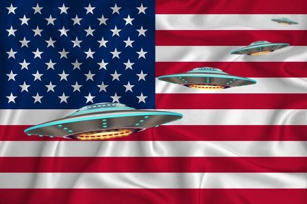 Waving flag of USA. UFO group on the background of the flag US. UFO news concept in the country. 3D rendering