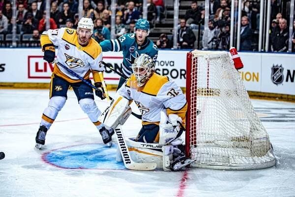 Utkání San Jose Sharks a Nashville Predators v O2 Aréně se konalo v říjnu 2022.