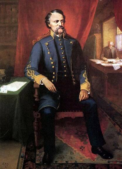 Painting of middle-aged man with brown, bushy mustache. Wearing Confederate general's uniform.