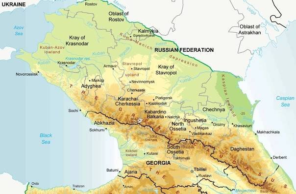North Caucasus physical map Chechnya Ingushetia Stavropol Kabardino Balkaria Adygea Dagestan karachai-cherkessia