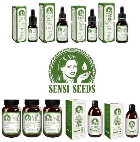 Sensi Seed’s CBD oils and capsules against the white background