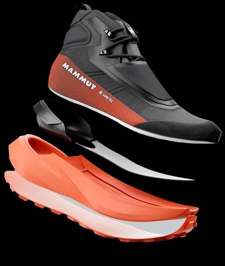 Exploded view of a black and orange Mammut trail running shoe, highlighting the sole, cushioning layers, and advanced internal components designed for mountain performance.