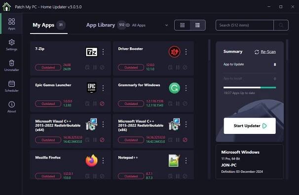 A list of outdated apps listed in Patch My PC Updater