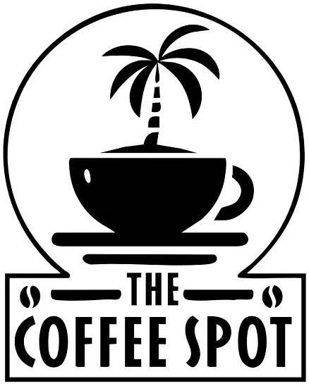 A black and white logo for the coffee spot with a cup of coffee and a palm tree.