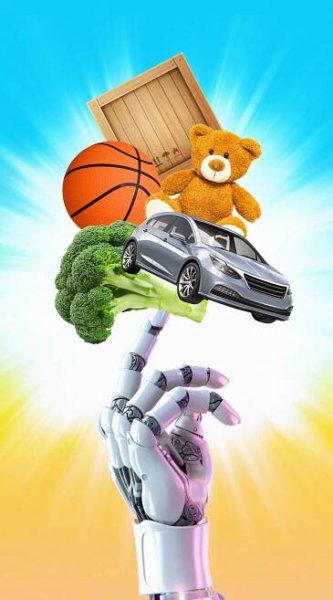 An illustration shows a robotic hand balancing a crate, a basketball, a teddy bear, a car and a broccoli stalk on the tip of one finger.