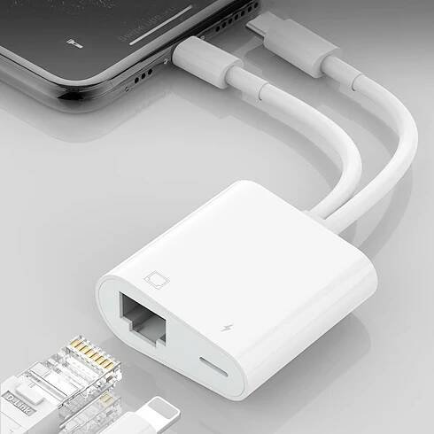 NK-1035 2v1 nabíjecí a ethernet redukce - RJ45 / Lightning na USB-C / Lightning - bílá
