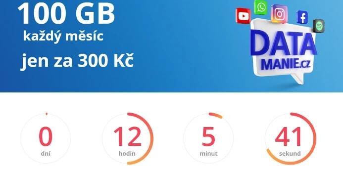 Datamánie prodloužena. Předplacenku se 100 GB dat za 300 Kč měsíčně můžete pořídit až do 15. ledna