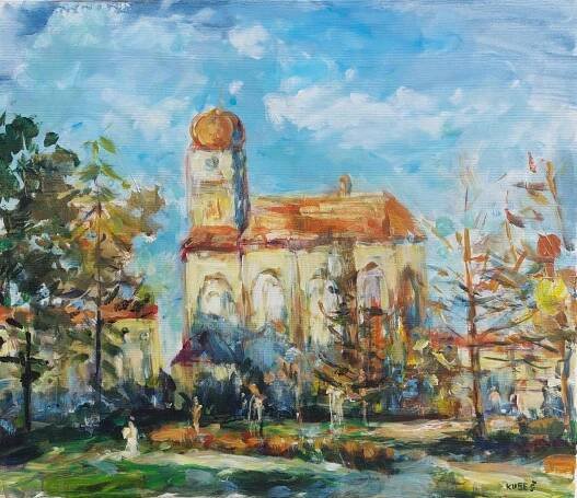 Prostějov kostel Petra a Pavla, olej na plátně 60x70 M. Kubeš