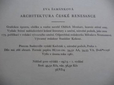 Architektura české renesance - Eva Šamánková - SNKLU 1961 - Knihy